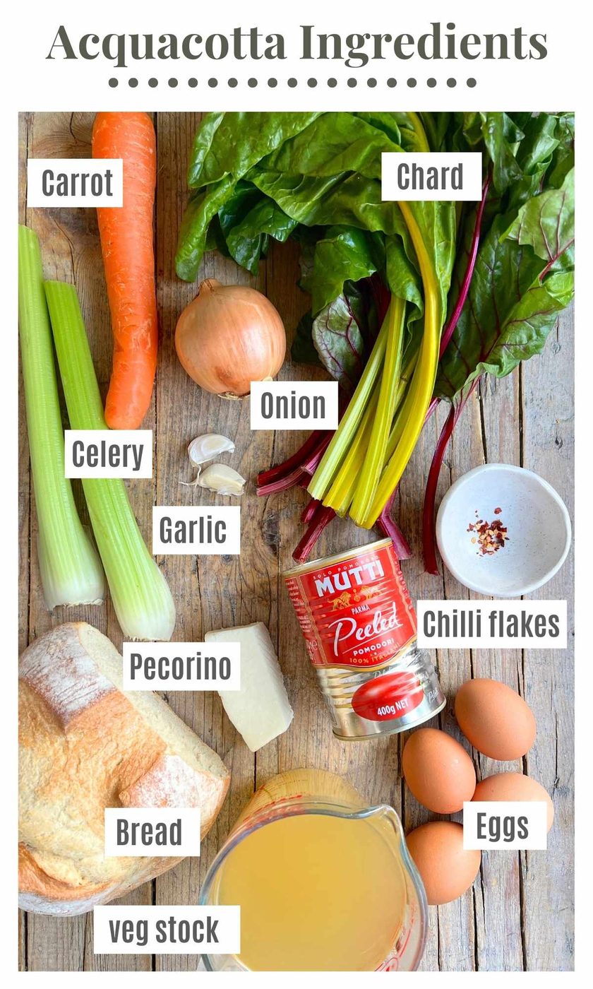 An overhead shot of all the ingredients needed to make a Tuscan Acquacotta soup.