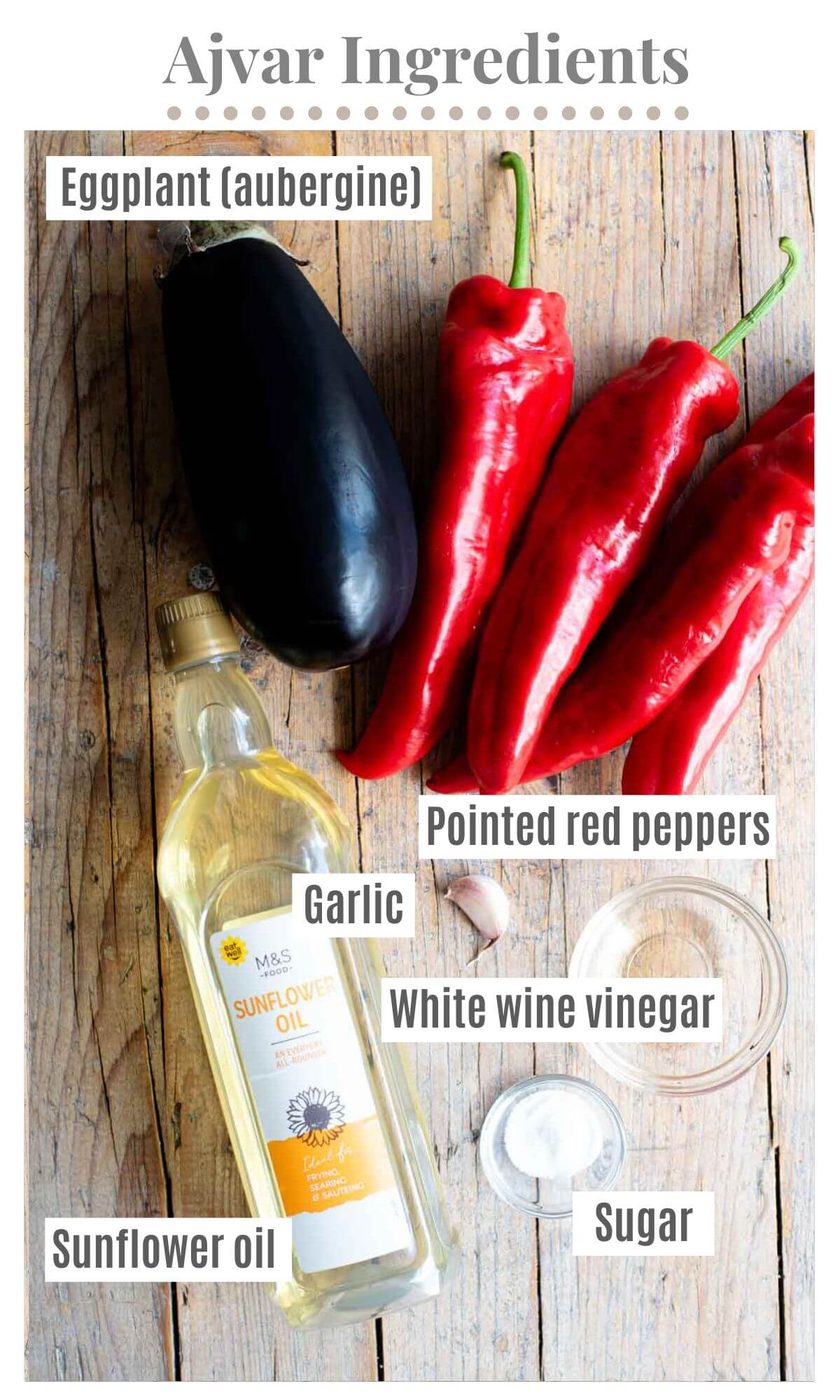 An overhead shot of all the ingredients needed to make Ajvar dip.
