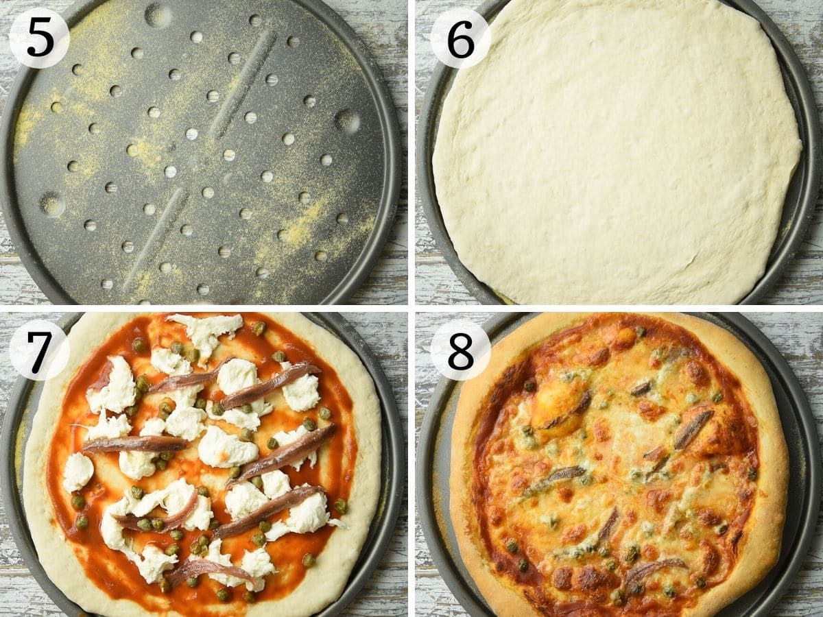 Step by step photos showing how to make anchovy pizza