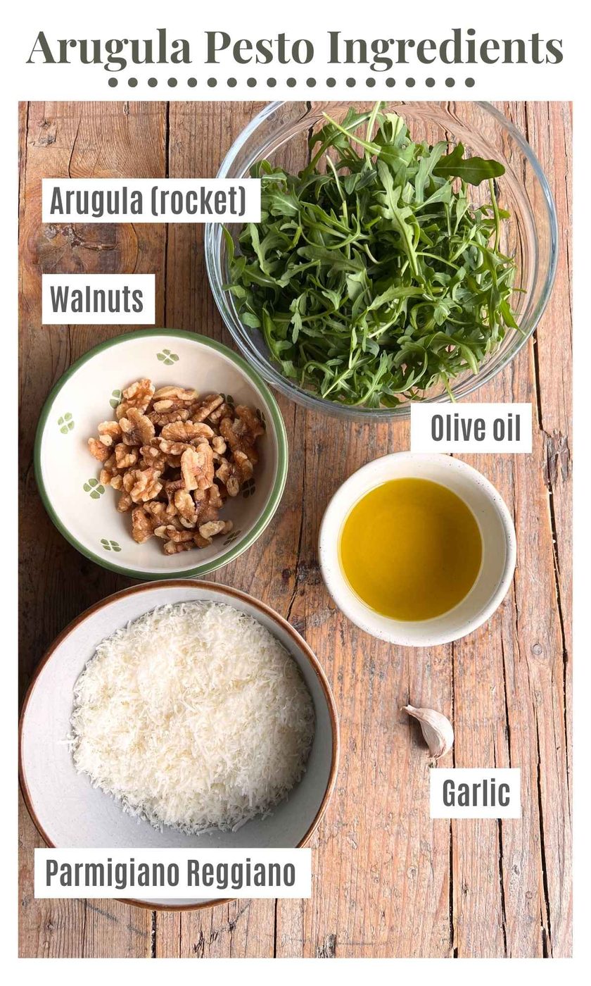 An overhead shot of all the ingredients needed to make arugula pesto.