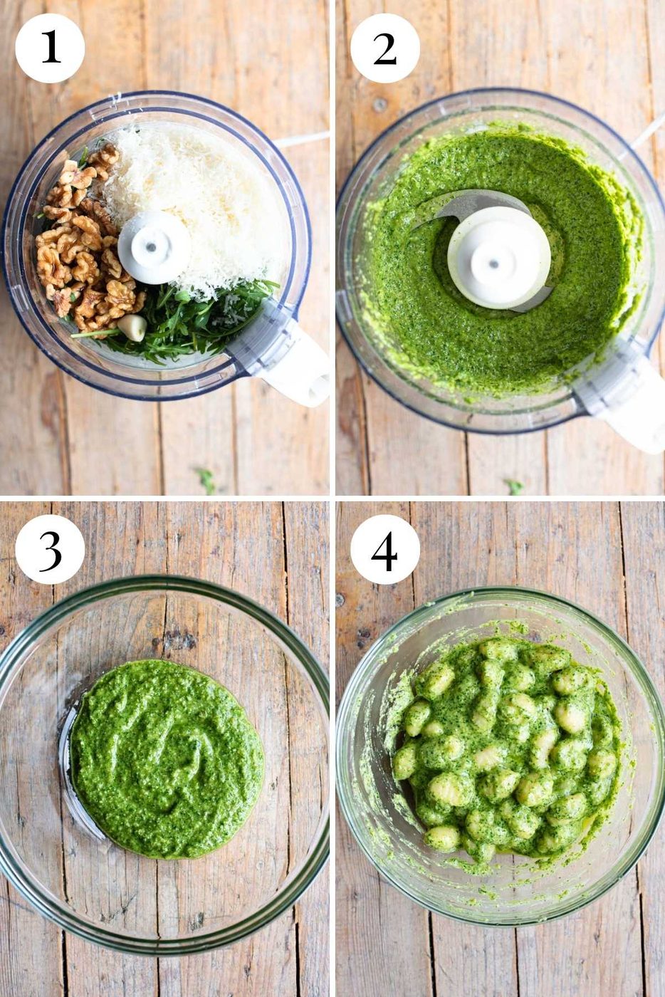 Four photos in a collage showing how to make gnocchi with arugula pesto.