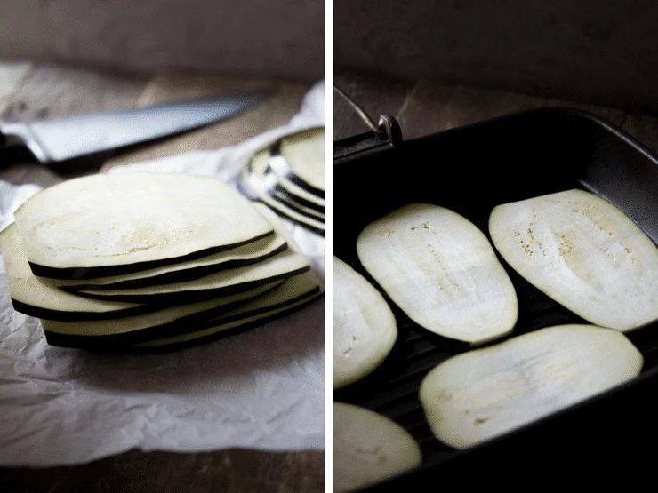 Sliced eggplant stacked up on top of kitchen paper and then laid out on a griddle pan. Eggplant Bruschetta, plus Mozzarella