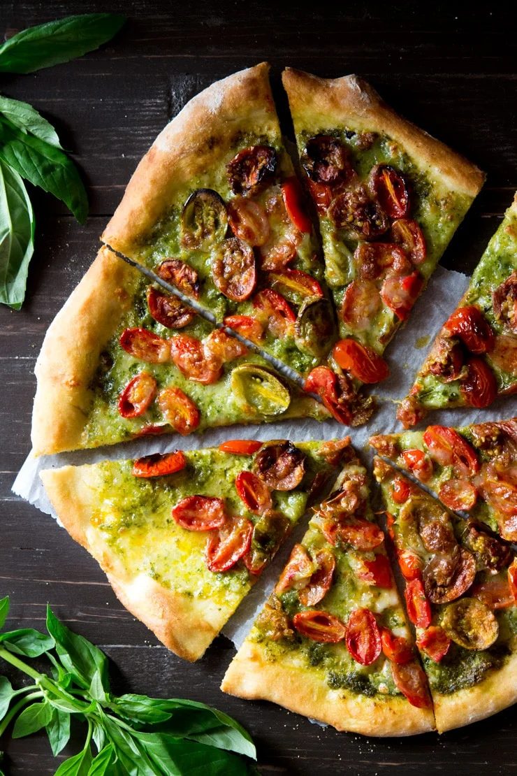 Basil Pesto Pizza and Mozzarella & Roasted Tomatoes