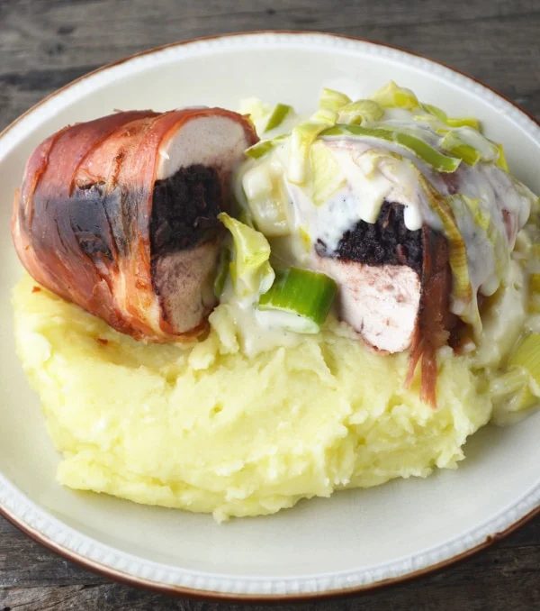 Black Pudding Stuffed Chicken and Cheesy Leeks