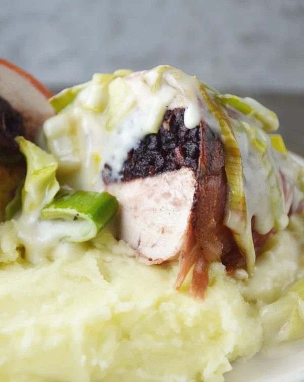 Black Pudding Stuffed Chicken and Cheesy Leeks