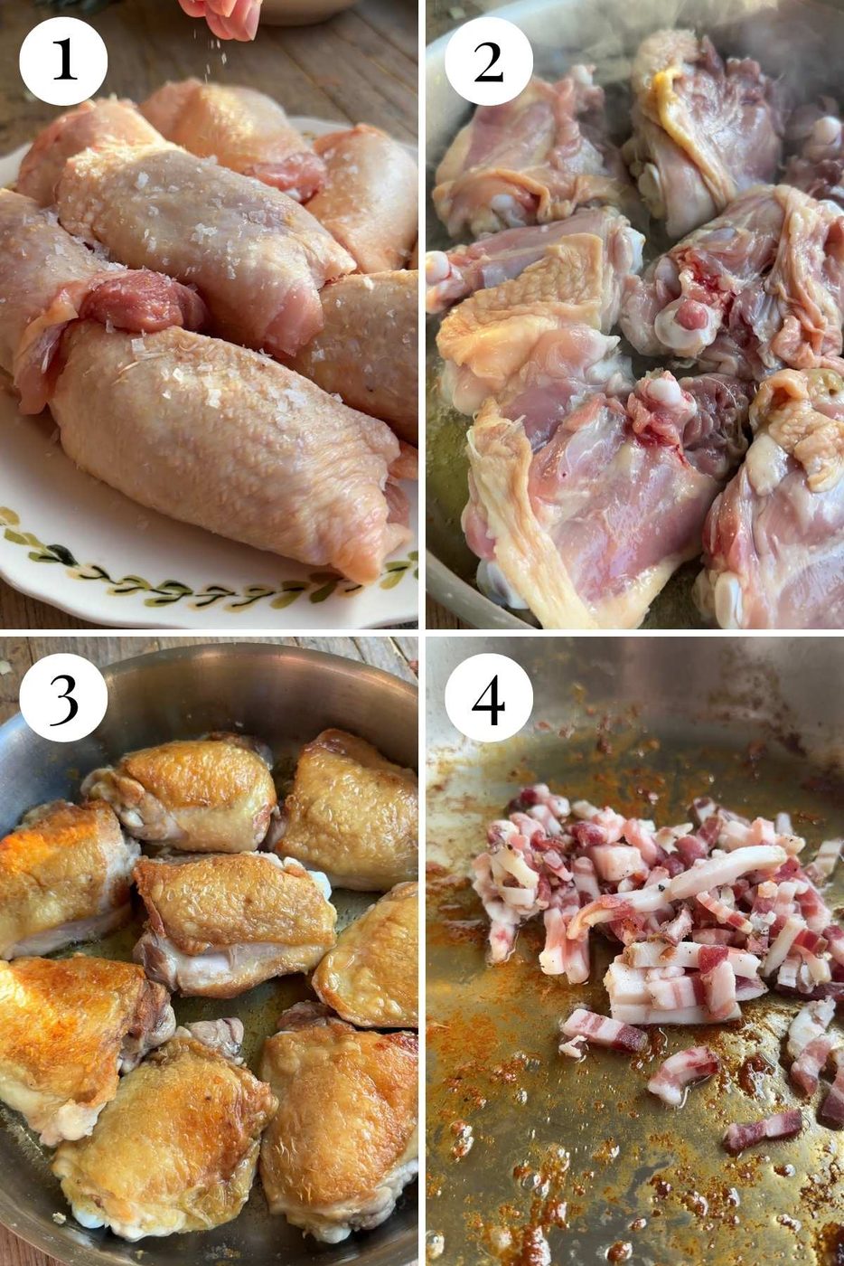 Four photos in a collage showing how to brown chicken thighs and pancetta.