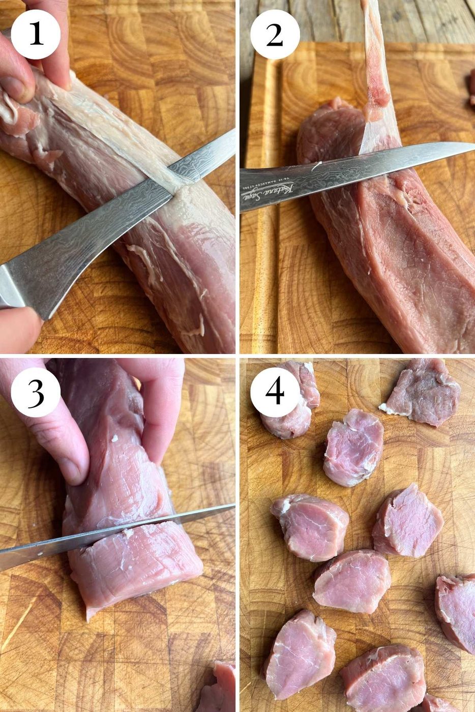 Four photos in a collage showing how to cut sinew from a pork tenderloin.