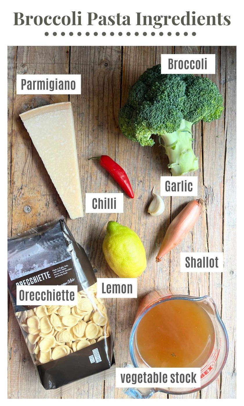 An overhead shot of all the ingredients needed to make a simple broccoli pasta with garlic and chilli.