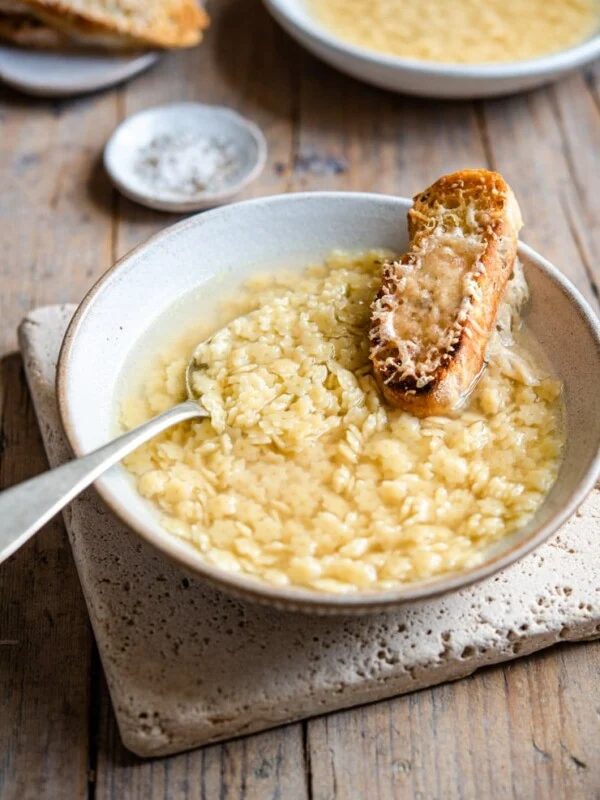 Pastina soup in a rustic bowl