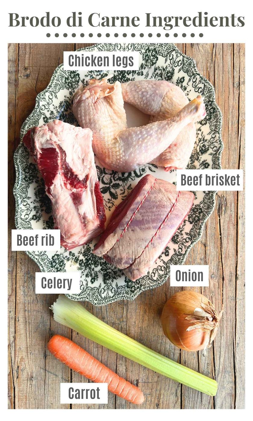 An overhead shot of all the ingredients needed to make Brodo di carne.