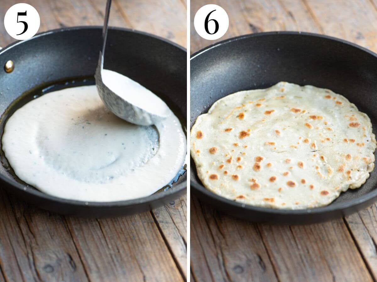 Two photos in a collage showing how to four batter into a pan and make an Italian flatbread.