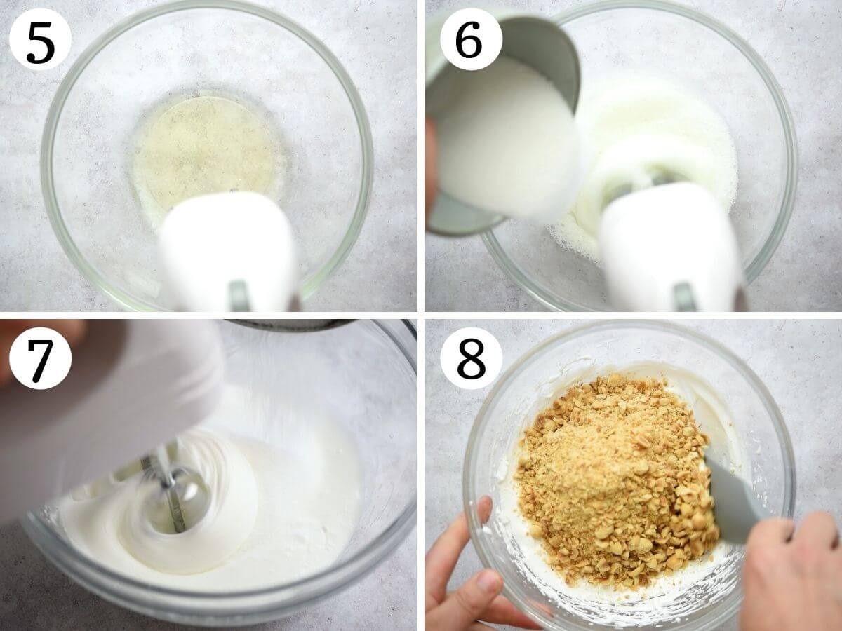 Four photos in a collage showing how to make meringue mixed with hazelnuts