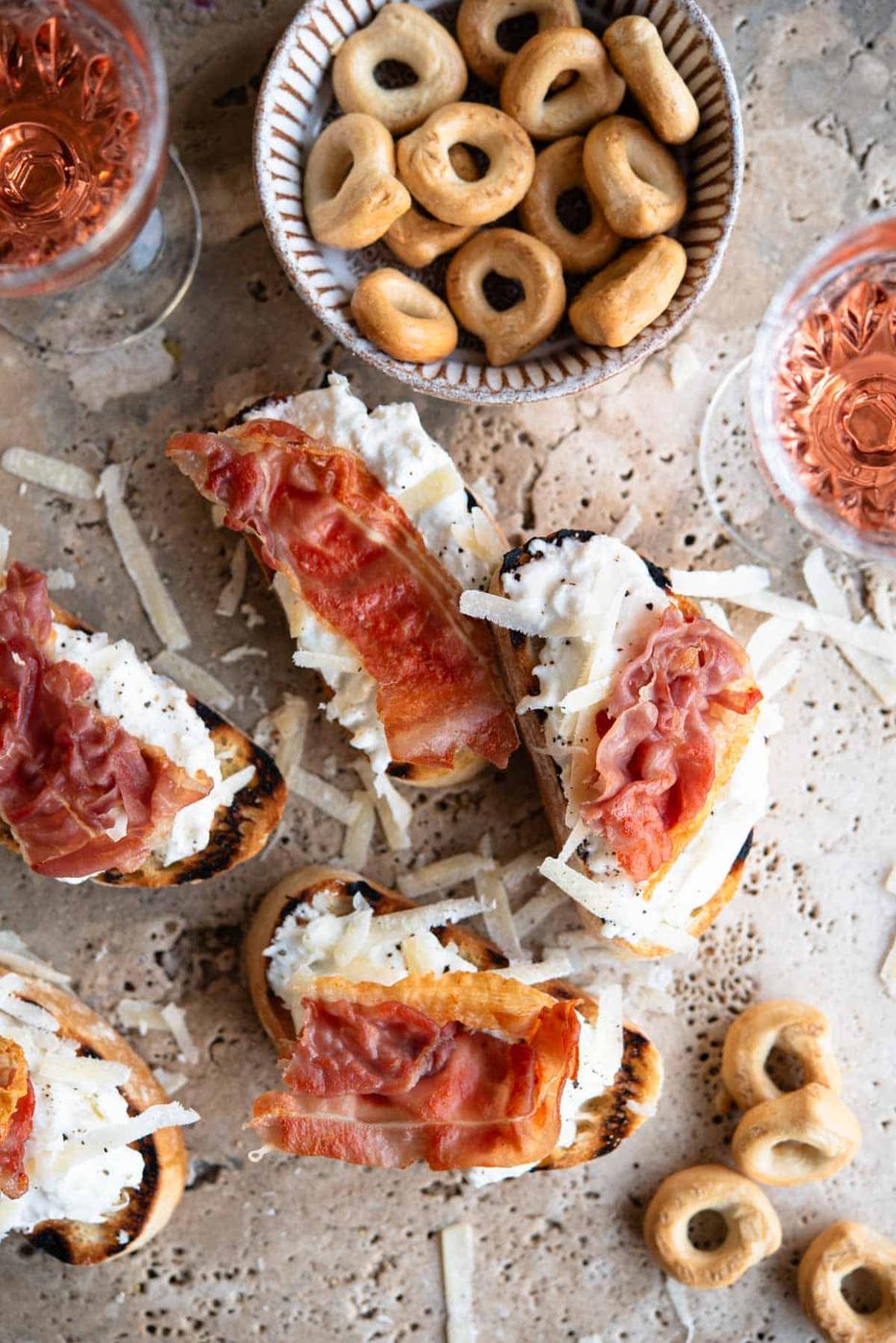 Burrata and Parmigiano Crostini and Crispy Prosciutto