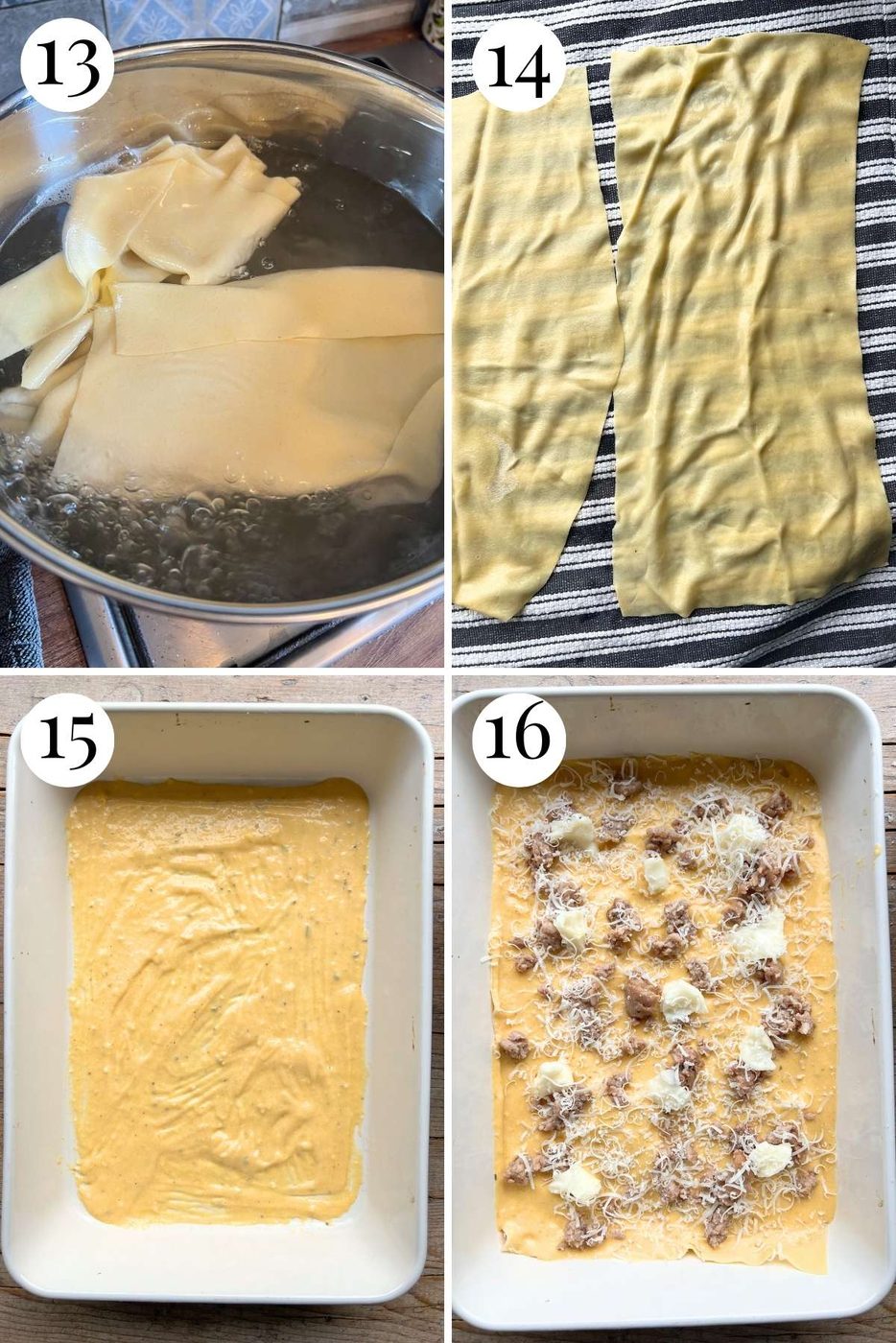 Four photos in a collage showing how to blanch fresh pasta and layer a butternut squash lasagna.