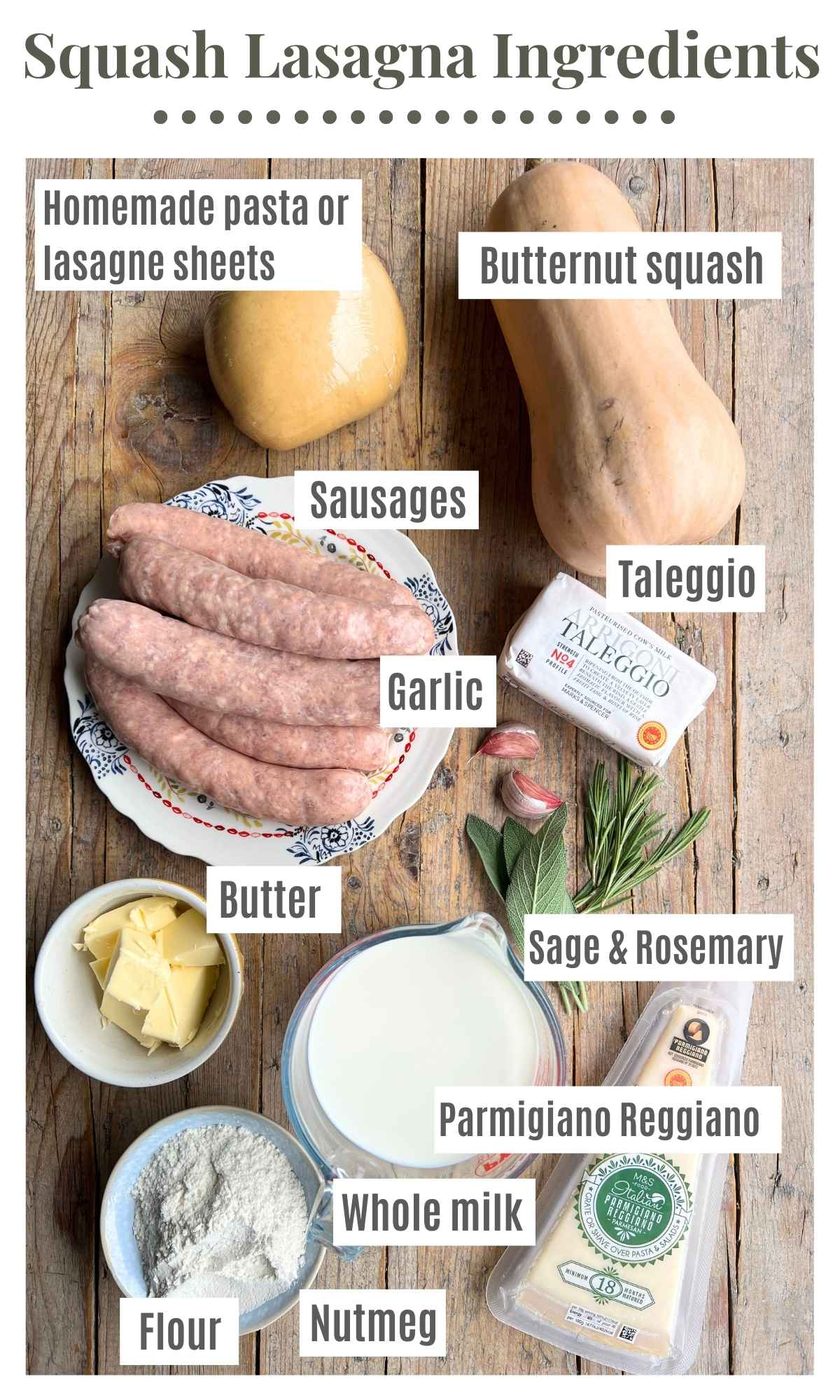 All the ingredients needed to make butternut squash lasagna on a rustic wooden background.