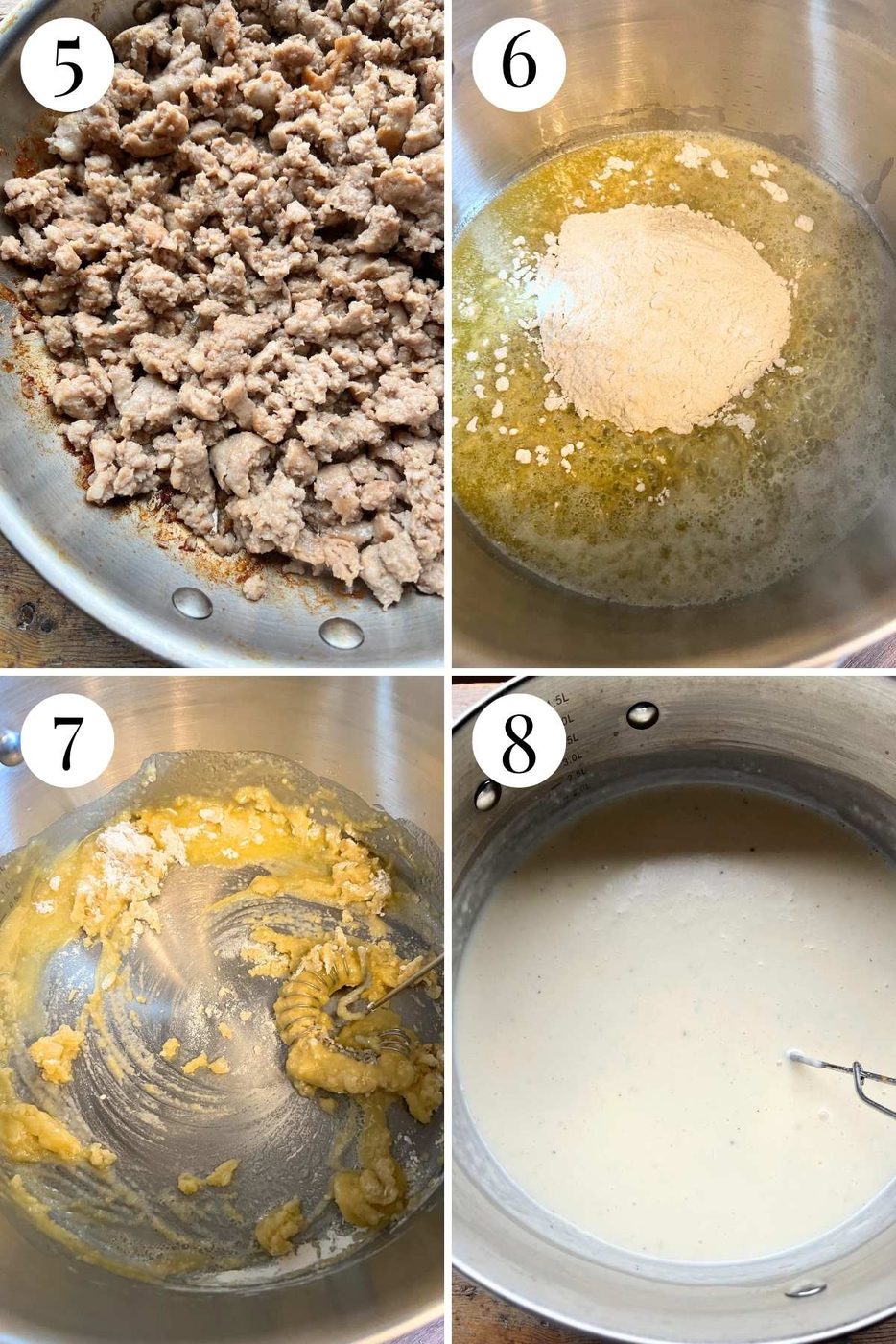 Four photos in a collage showing how to make bechamel sauce and brown sausage.