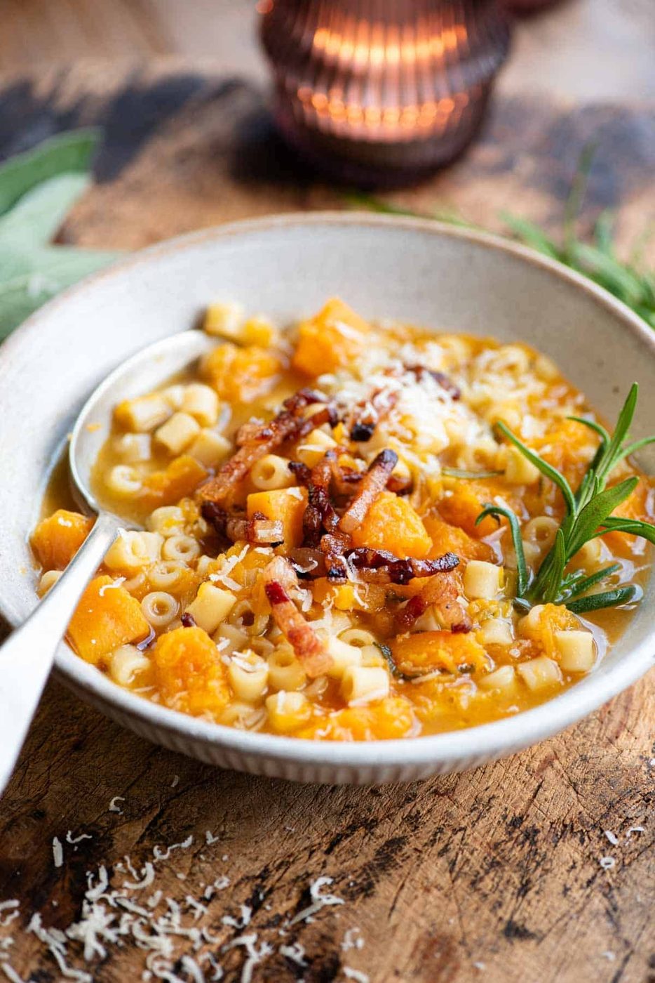 Butternut Squash Pasta Soup and Crispy Pancetta