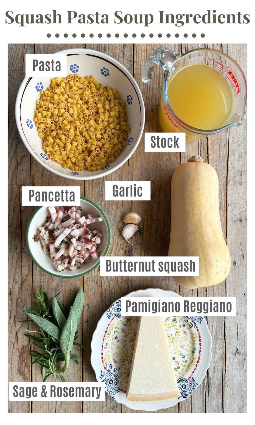 An overhead shot of all the ingredients needed to make a butternut squash pasta soup.