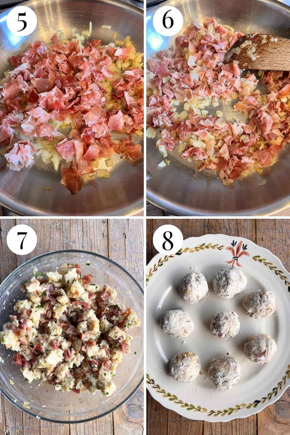 Four photos in a collage showing the final four steps of making Italian Canederli dumplings.