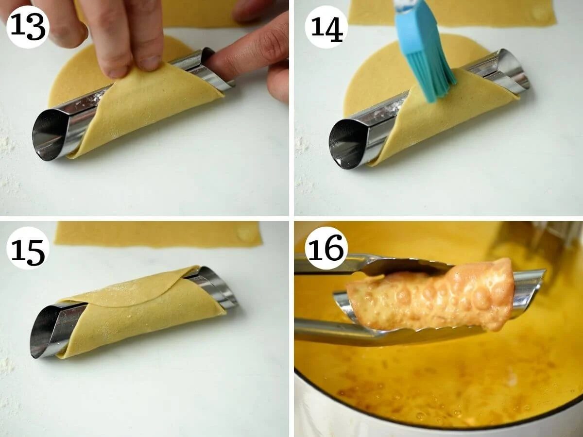 Step by step photos showing how to shape and fry cannoli shells