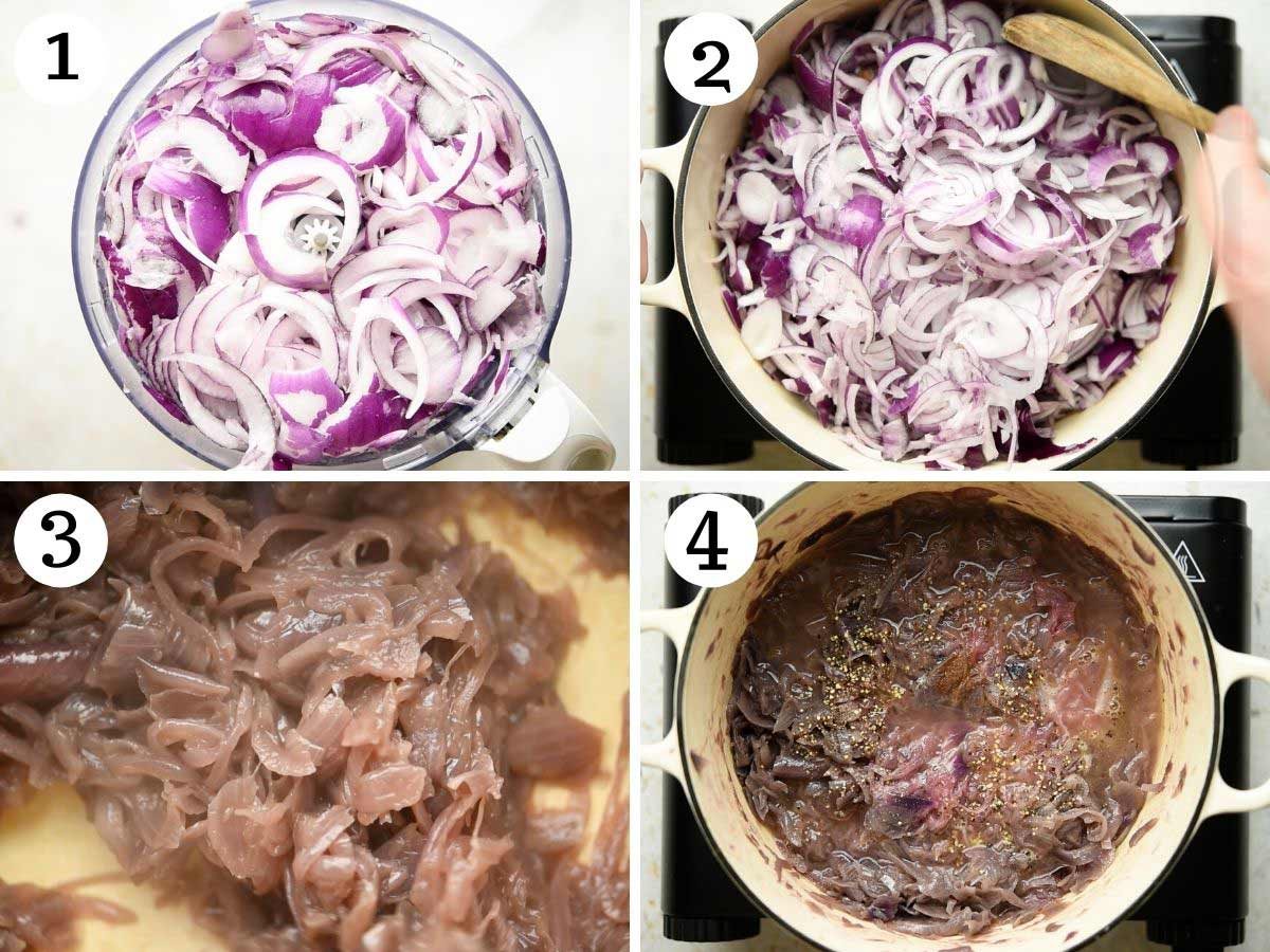 Step by step photos showing how to make slowly cook red onions