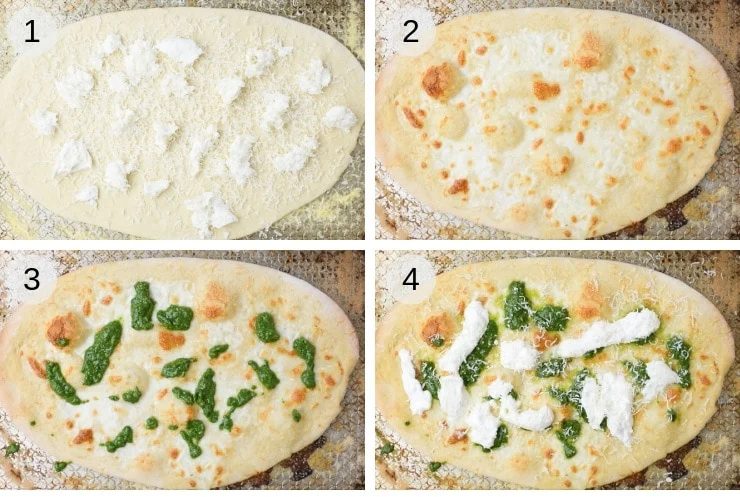 Step by step photos for making basil pizza with burrata