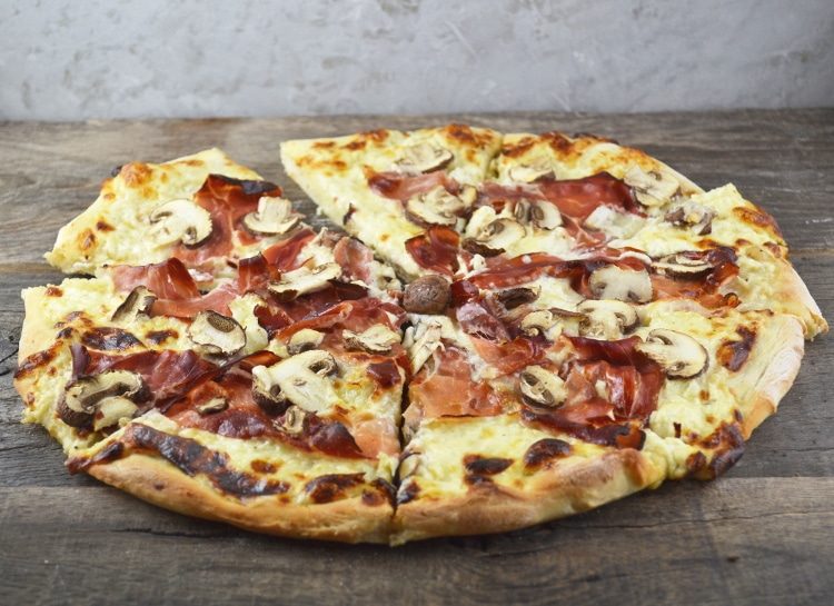 Cheesy Speck and Mushroom Pizza