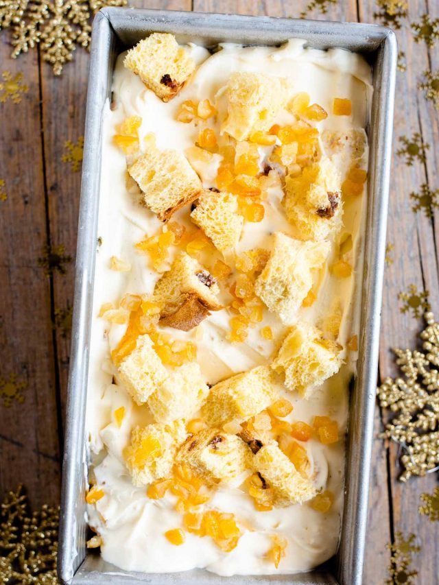 An overhead shot of panettone ice cream in a loaf tin