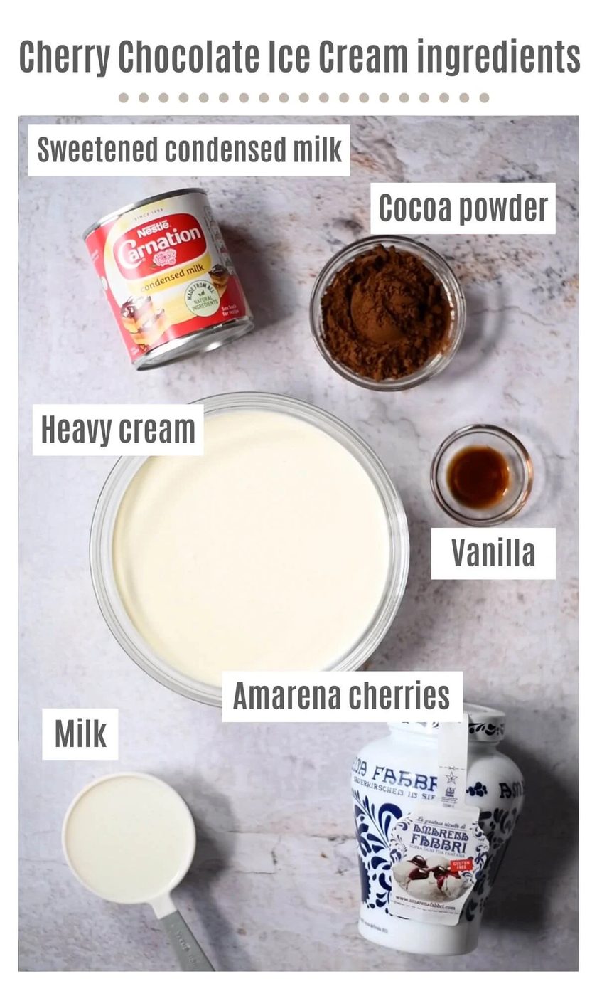 An overhead shot of all the ingredients needed to make no churn cherry chocolate ice cream.