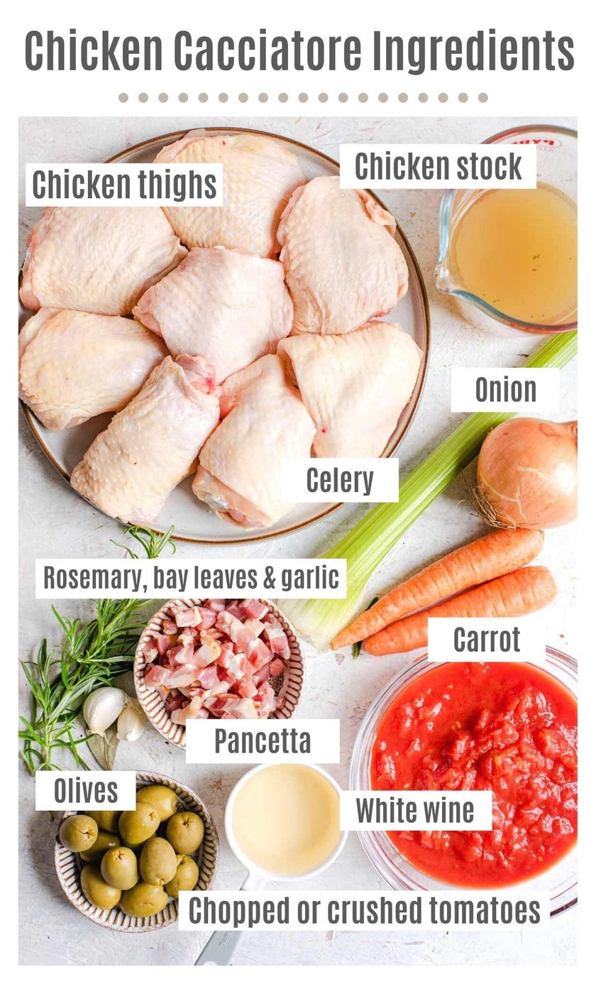 An overhead shot of all the ingredients you need to make chicken cacciatore