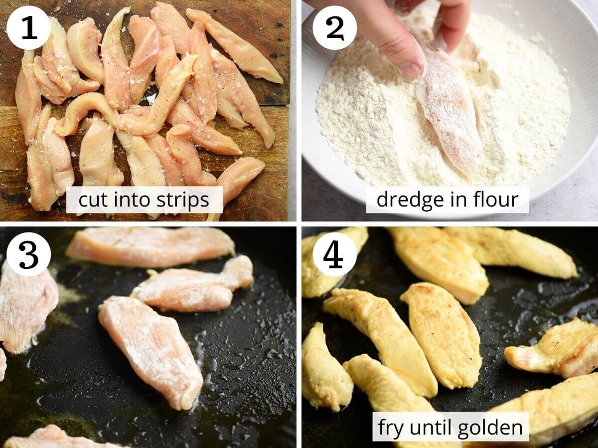 Step by step photos showing how to prepare, dredge and brown chicken strips