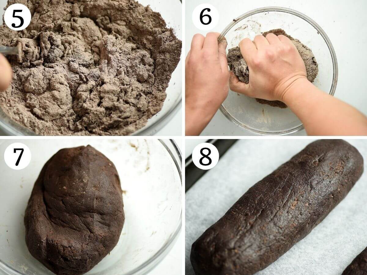 Step by step photos showing how to knead biscotti dough