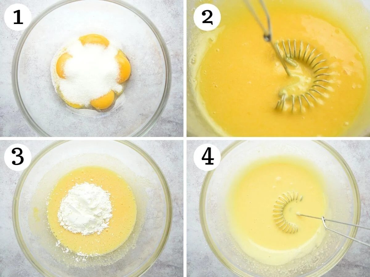 Step by step photos showing how to combine egg yolks, sugar and cornstarch