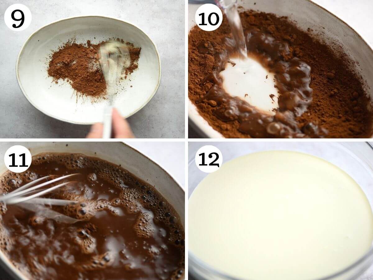 Four photos in a collage showing how to mix cocoa powder, sugar and hot water. Fourth photos shows heavy cream in a bowl.