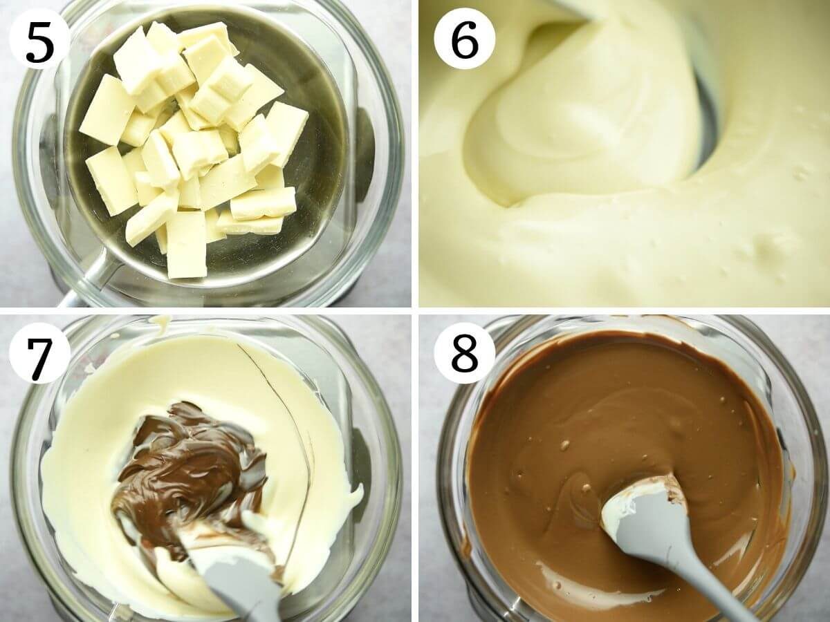 Step by step photos showing how to melt white chocolate and mix it with hazelnut spread