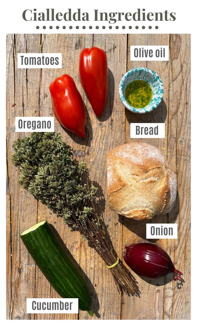 An overhead shot of all the ingredients needed to make a Cialledda bread salad.