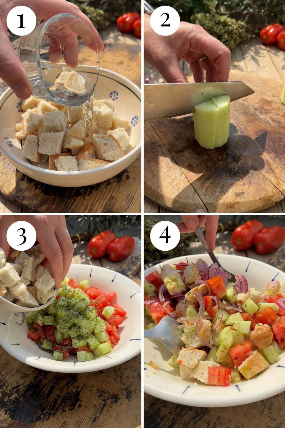 Four photos in a collage showing how to make a bread salad with tomato and cucumber.