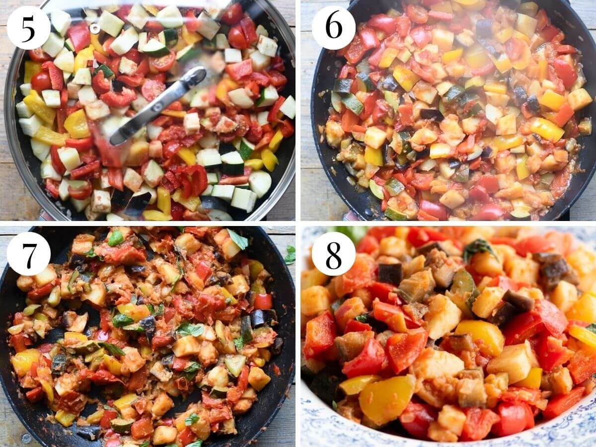 Four photos in a collage showing how to make Ciambotta with stewed vegetables.