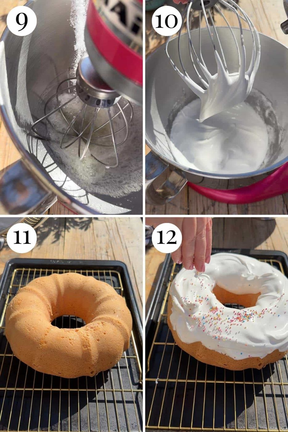 Four photos in a collage showing how to make a meringue topping and top the bundt cake with meringue and sprinkles.