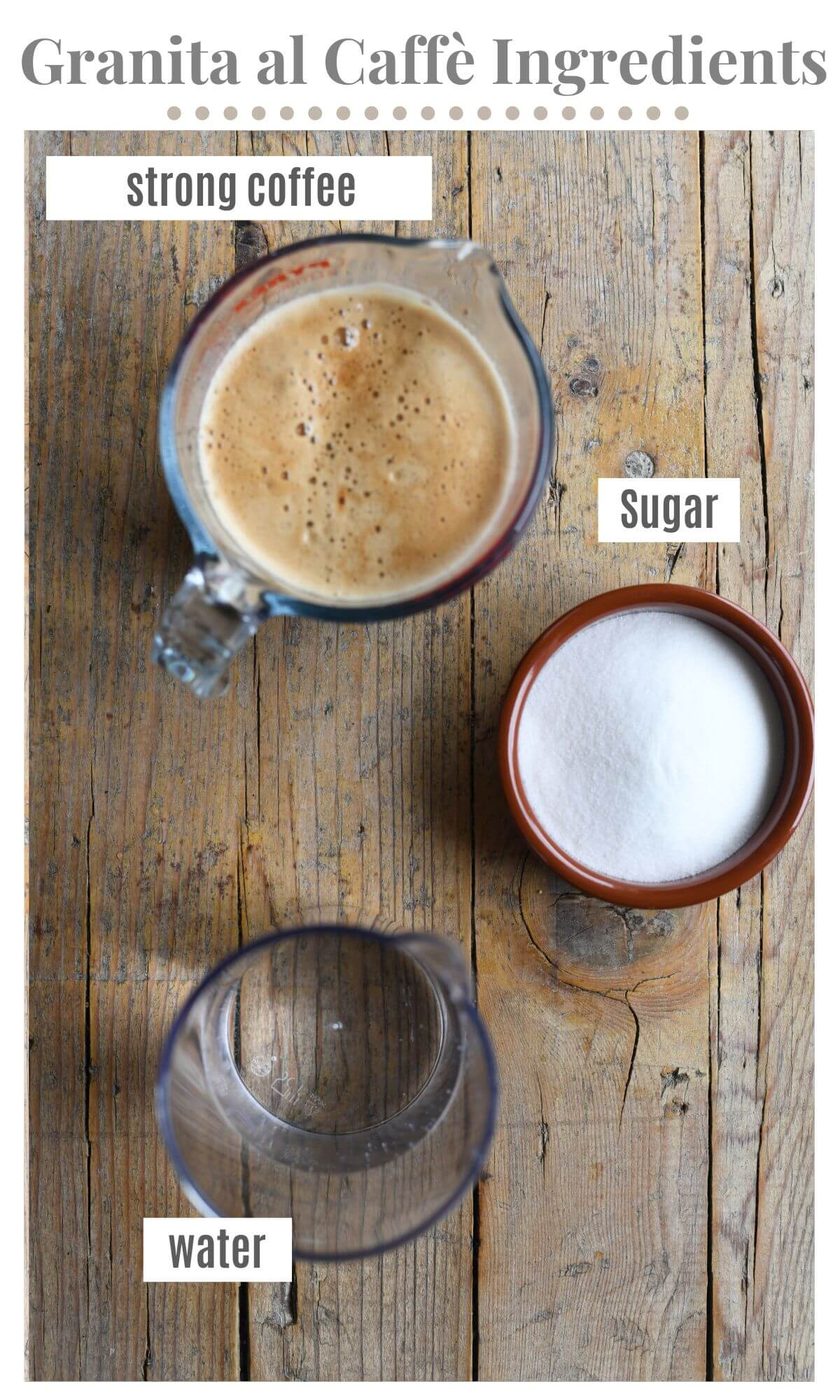 An overhead shot of three ingredients needed to make coffee granita; coffee, sugar and water.