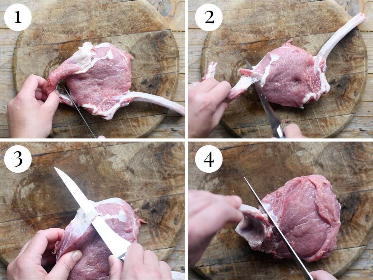 Four photos in a collage showing how to trim sliverskin from a veal chop.