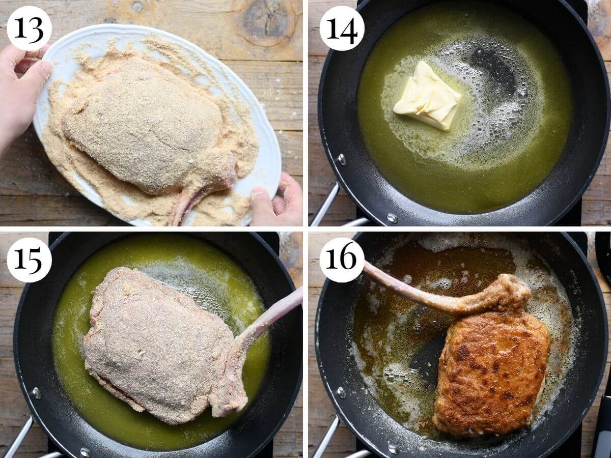 Four photos in a collage showing how to fry a breaded stuffed veal chop in butter.