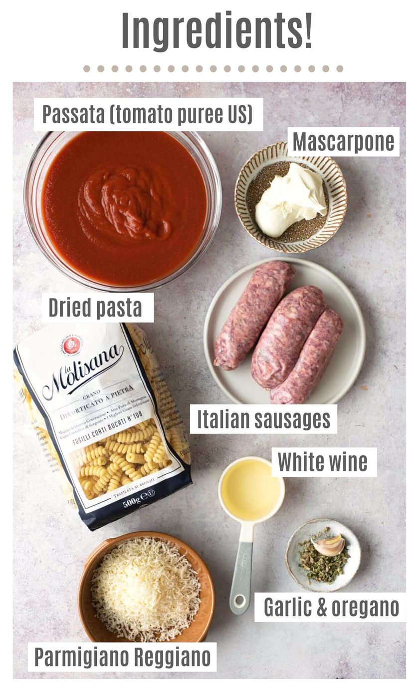An overhead shot of ingredients needed to make a creamy tomato sausage pasta labelled; passata (tomato puree US), mascarpone, dried pasta, Italian sausages, white wine, Parmigiano Reggiano, garlic and oregano.
