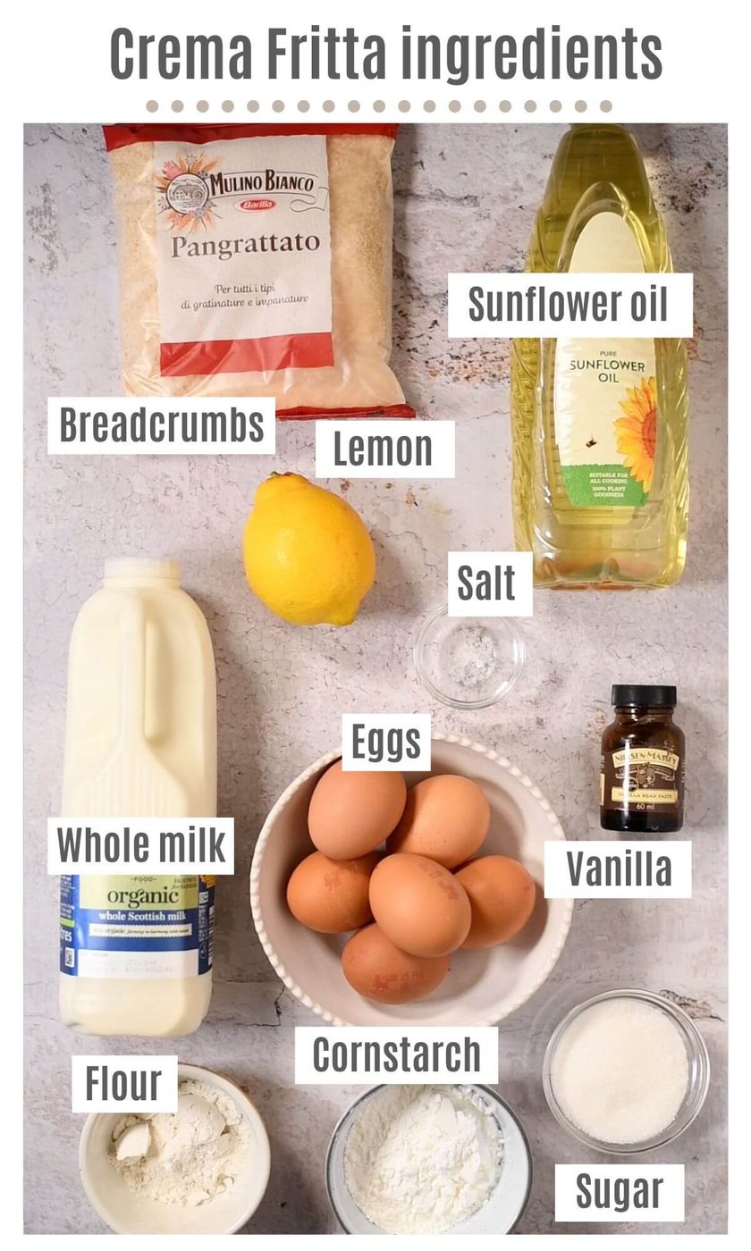 An overhead shot of all the ingredients needed to make Crema Fritta, Deep Fried Custard.