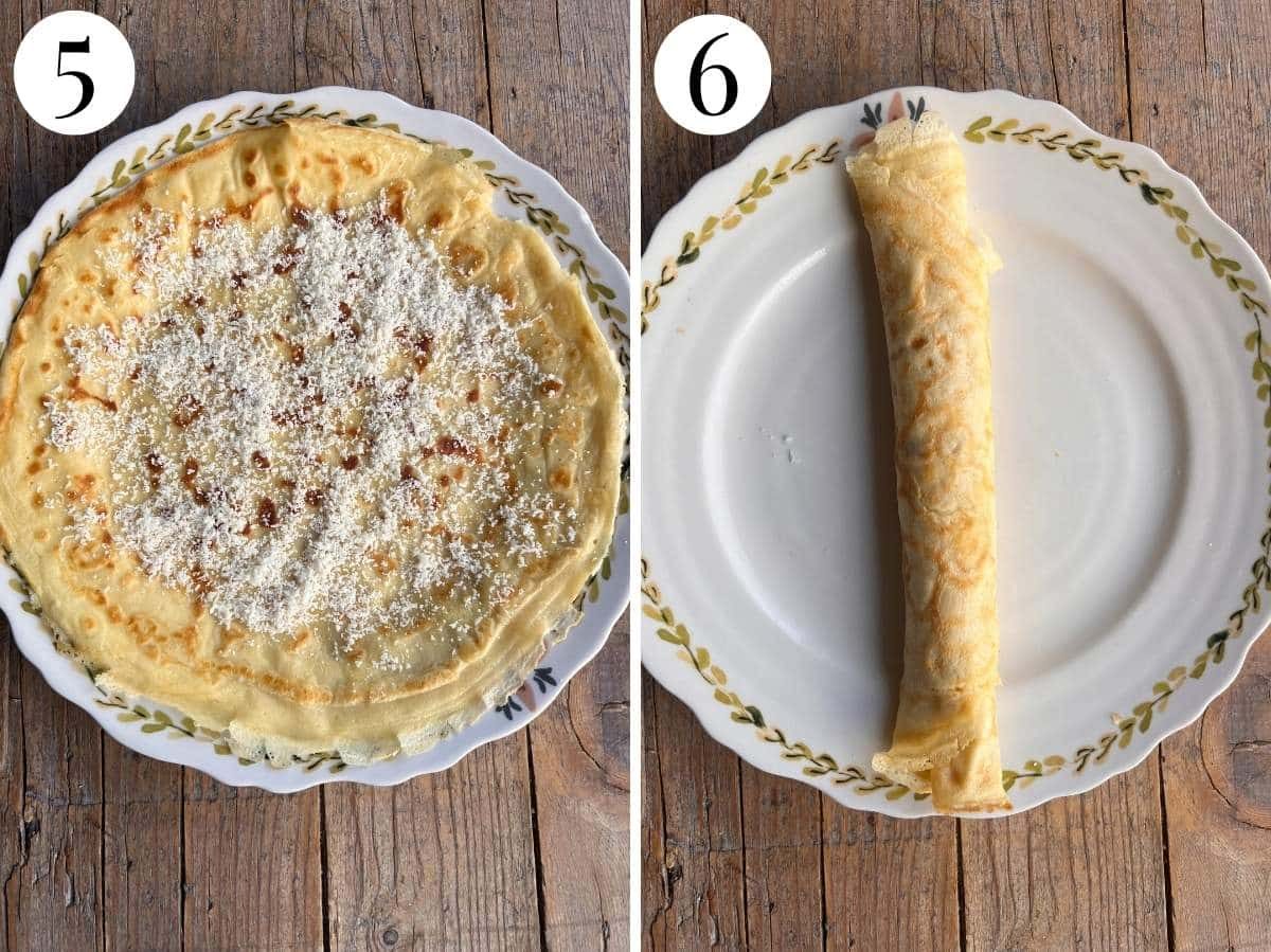 Two photos in a collage showing how to fill and roll crepes.