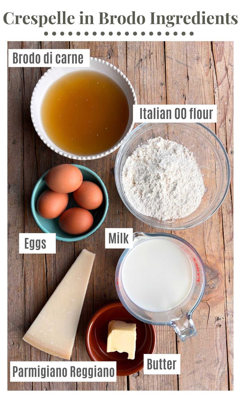 An overhead shot of all the ingredients needed to make crespelle in brodo.