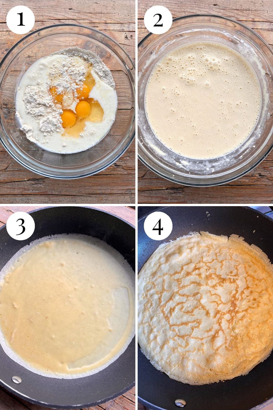 Four photos in a collage showing how to make crepe batter.