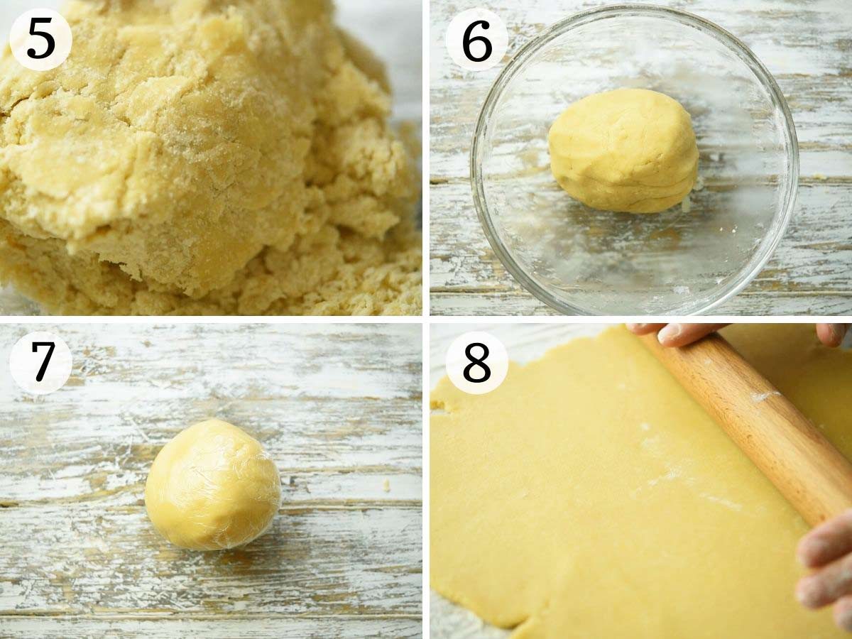 Step by step photos showing how to bring pastry dough together and roll it out