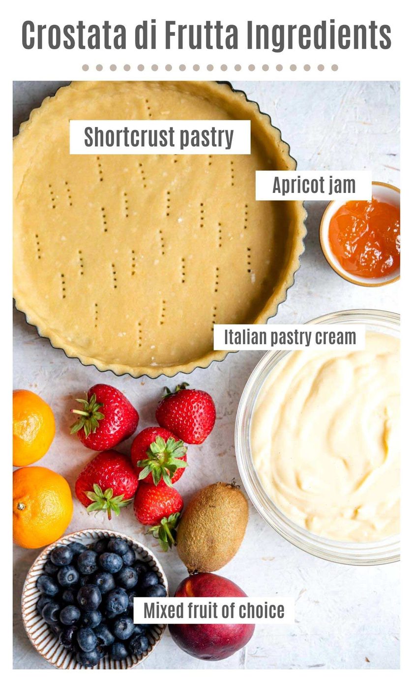 An overhead shot of the ingredients you need to make a Crostata di Frutta, Italian Fruit Tart