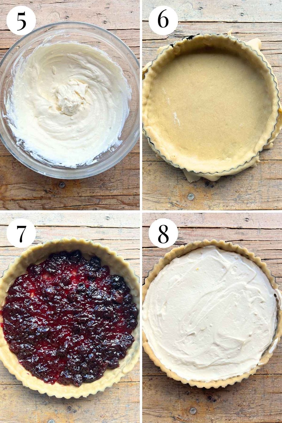 Four photos showing how to line a tart pan with pastry dough and fill it with jam and ricotta.